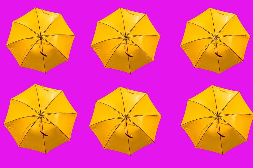 Yellow umbrella&#039;s on pink by Patricia Hofmeester