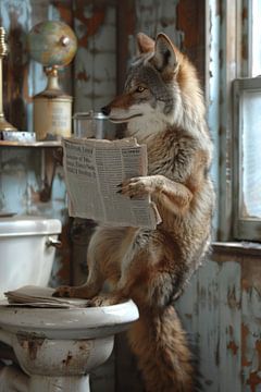 Amüsierter Wolf, der Zeitung auf der Toilette liest, humorvolles Bild von Felix Brönnimann