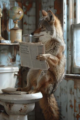 Geamuseerde wolf leest krant op het toilet, humoristische foto