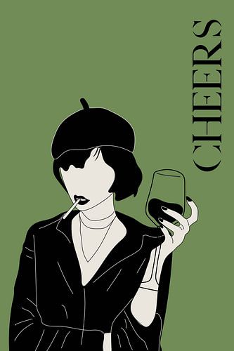 Cheers Poster in Saliegroen – Moderne Bar Kunst – Minimalistische Illustratie – Stijlvolle Wanddecoratie voor de Thuisbar of Woonkamer