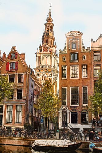 Tekening Zuiderkerk Amsterdam Pentekening Lijntekening Kleur