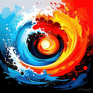 Abstracte wervelingen van tegenstellingen: De golfachtige samensmelting van warme en koude kleurwerelden 2 van 3 van AidasignArt