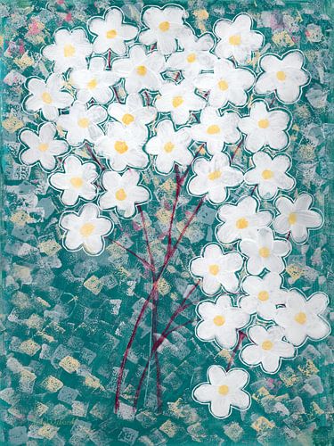 Spark - Blauer Hintergrund mit weißen Blumen | Moderne Blumenmalerei von Theda Wiebrands