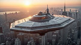 Hovering over the awakening city by Klaus Tesching - Art-AI