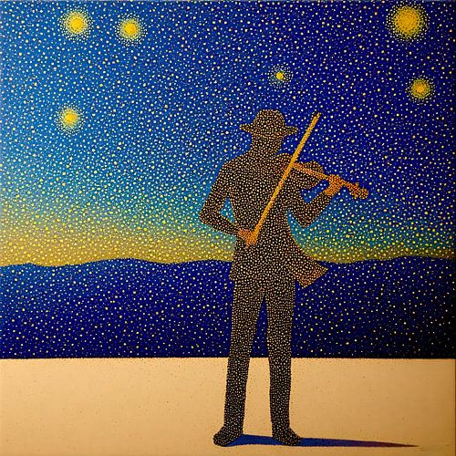 Sterrennacht violist - pointillisme stijl