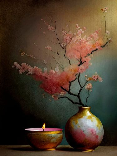 Nature morte à la fleur de cerisier rose et à la lumière chaude d'une bougie sur lin