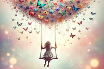 Fantasy world: Girl swings among butterflies by artefacti