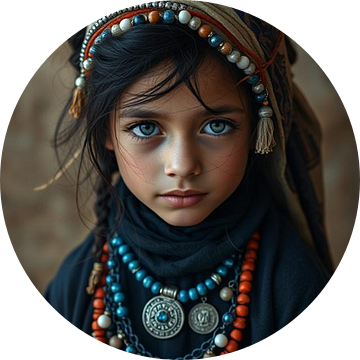 een berber meisje met blauwe ogen en traditionele kleding.