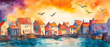 Kleurrijk kustdorp bij zonsondergang van Poster Art Shop