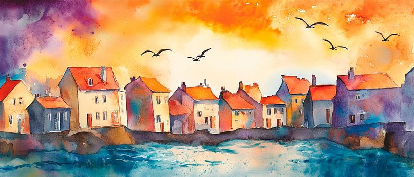 Colourful coastal village at sunset by Poster Art Shop