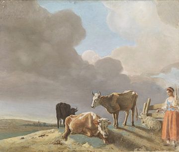 Landschap met koeien, schapen en herderin, Jean-Etienne Liotard