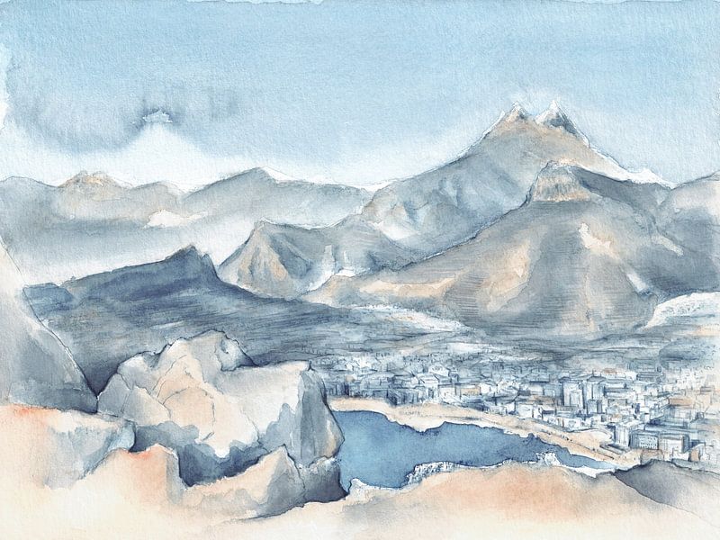 Coastal town surrounded by mountains by Adriana Mueller