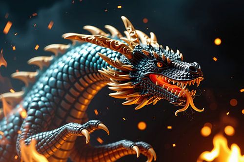 Krachtige zwart-gouden draak ademt vuur omringd door vlammen