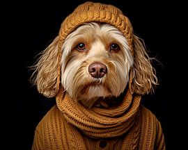 Animal portrait of dog in winter jumper