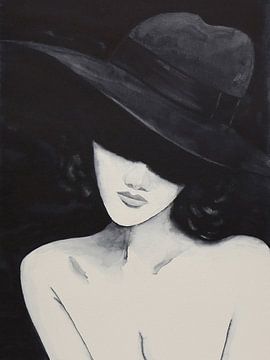 In the shadows (black and white watercolor painting nude portrait woman with hat bedroom mancave) by Natalie Bruns
