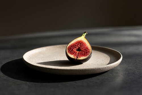Gehalveerde vijg op een keramisch bord
