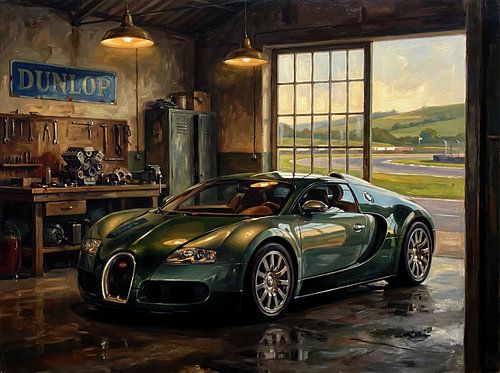 Donkergroene Bugatti Veyron in garagescène