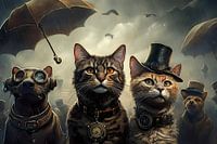SSteampunk artwork with cats and dogs in bad weather