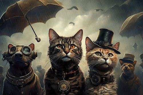 SSteampunk artwork with cats and dogs in bad weather