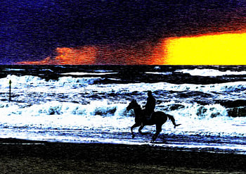 Man and horse fighting the elements together on a stormy beach