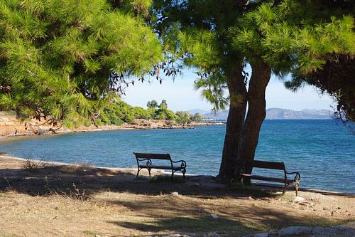 Resting benches on the coast near Mati (Greece)