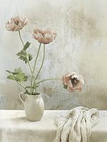 Still life with soft pink flowers in Japandi style