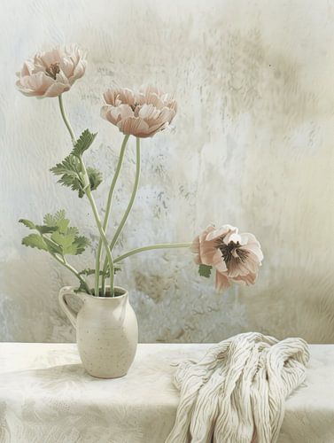 Stilleven met zachtroze bloemen in Japandi stijl