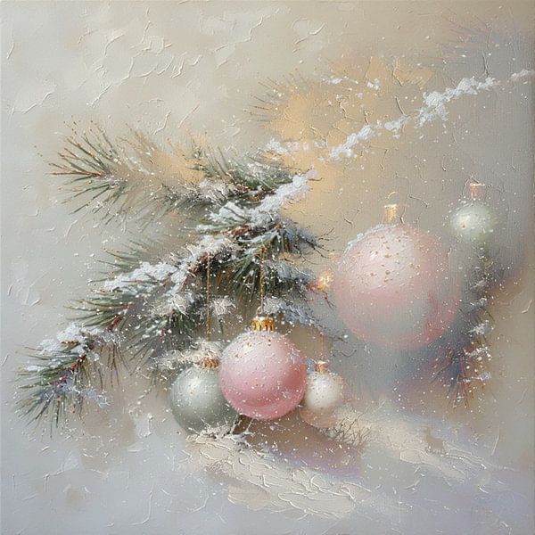 Eine magische Weihnachtsskulptur aus Tannenzweig mit pastellfarbenen Kugeln. von J.a Dijkstra