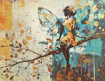 Eleven on a branch - artwork in warm orange brown and blue tones by Emiel de Lange