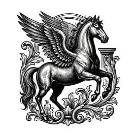 Vintage-Pegasus-Gravur mit kunstvollen Schnörkeln von Clay Artista