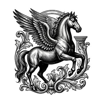 Vintage-Pegasus-Gravur mit kunstvollen Schnörkeln