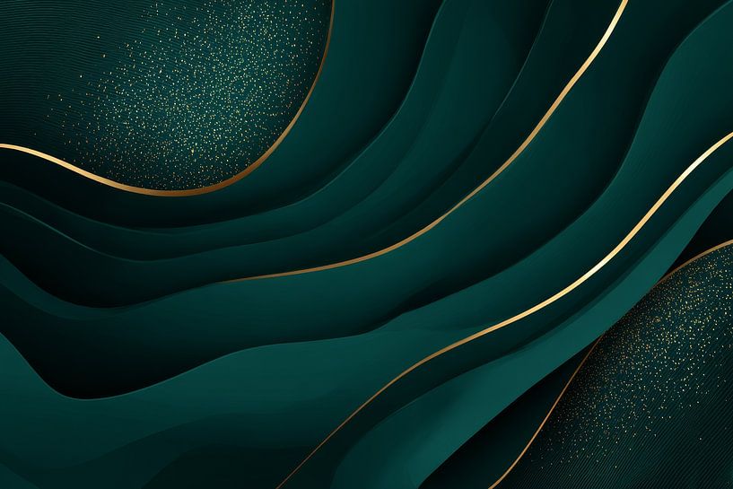 Abstrakter goldener Strom in tiefgrünem, rhythmischem Muster von Eva Lee