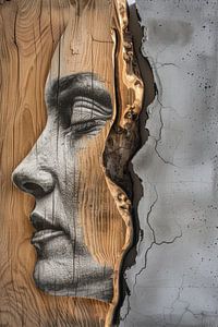 Gesicht in Holz mit Beton