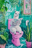 Llama relaxes in a colourful toilet