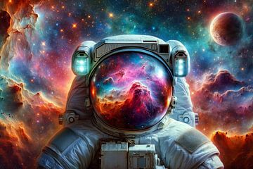 Astronaut voor een kosmische kleurenzee van artefacti