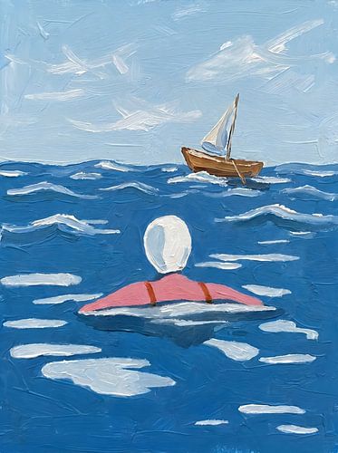 Schwimmer und ein Boot in der Ferne