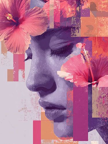 Artistiek Vrouw Portret met Bloemen – Abstracte Roze en Paarse Kunst
