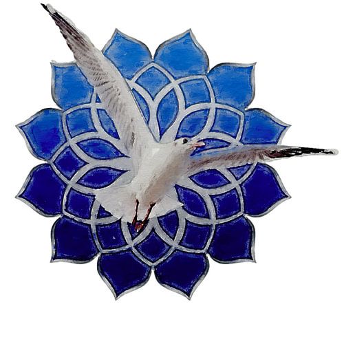 „Schwebende Möwe im blauen Mandala“