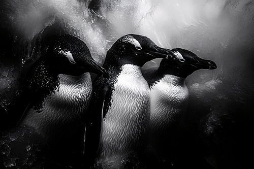 Drie pinguïns in ijslandschap