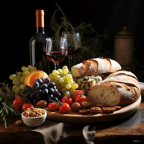 stilleven van wijn, kaas en brood