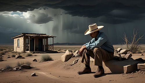 an old Mexican in front of the hut, a thunderstorm