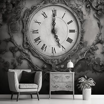 Oude vintage wandklok aan de muur met retro behang, zwart-wit foto van Animaflora PicsStock