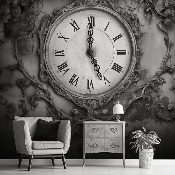 alte Vintage-Wanduhr an der Wand mit Retro-Tapete, Schwarzweißfotografie von Animaflora PicsStock