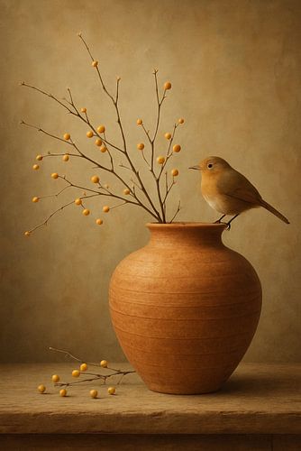 Stillleben mit Zweigen - Sanfter Moment mit Amsel und Terrakotta