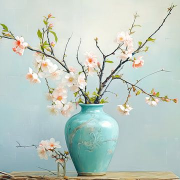 Turquoise vase with pink blossom branch by Vlindertuin Art