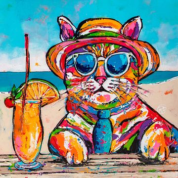 Chat joyeux du bar de la plage sur Happy Paintings