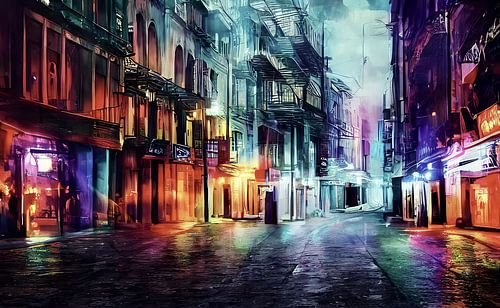Une rue latérale illuminée de couleurs vives dans une grande ville