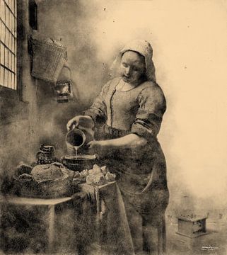 Digital drawing of the Milkmaid by Johannes Vermeer by Gelissen Artworks