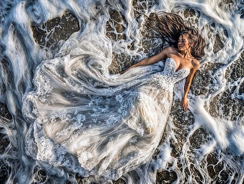 bruid die in de branding ligt