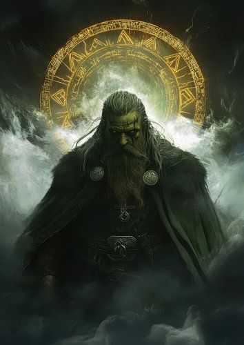 Ancient Warlock with Glowing Rune Halo in Dark Storm